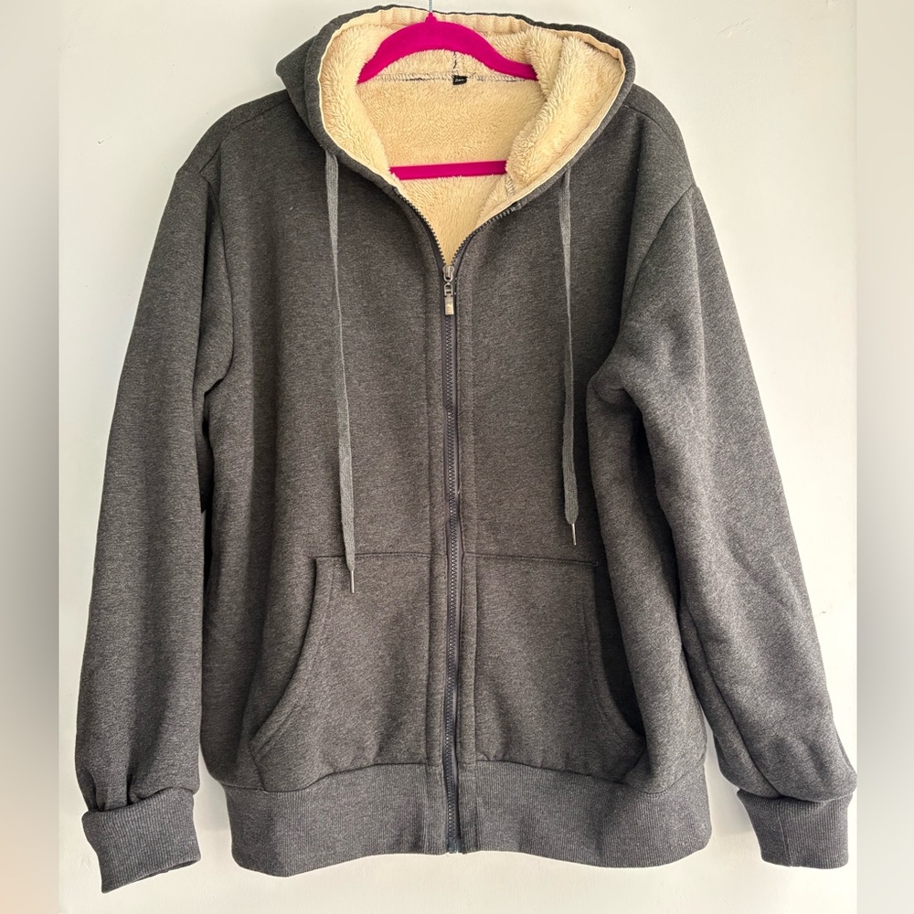 Sherpa lined charcoal grey cozy zip hoodie with pockets